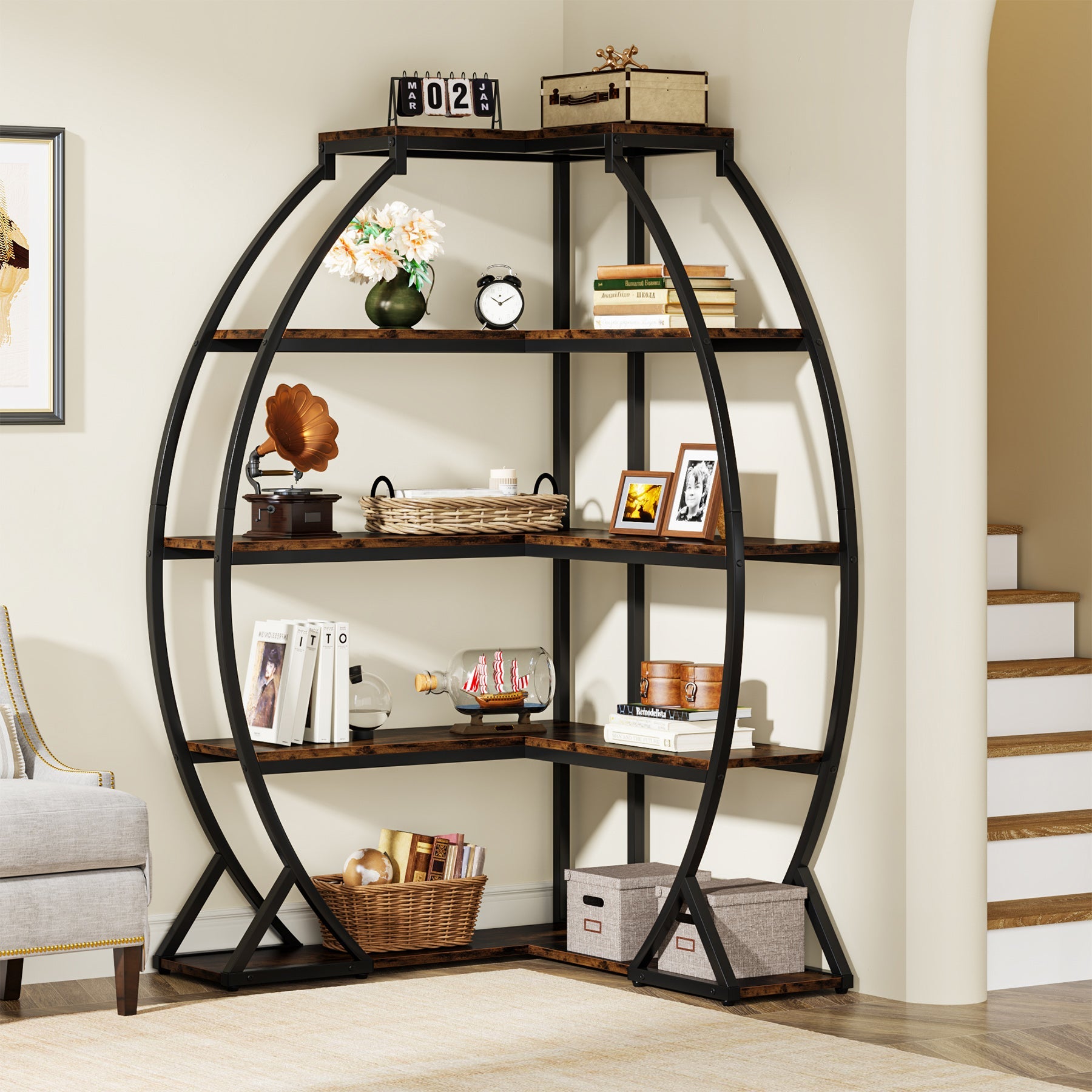 5-Tier Corner Bookshelf, Industrial 69 Corner Bookcase Display Rack