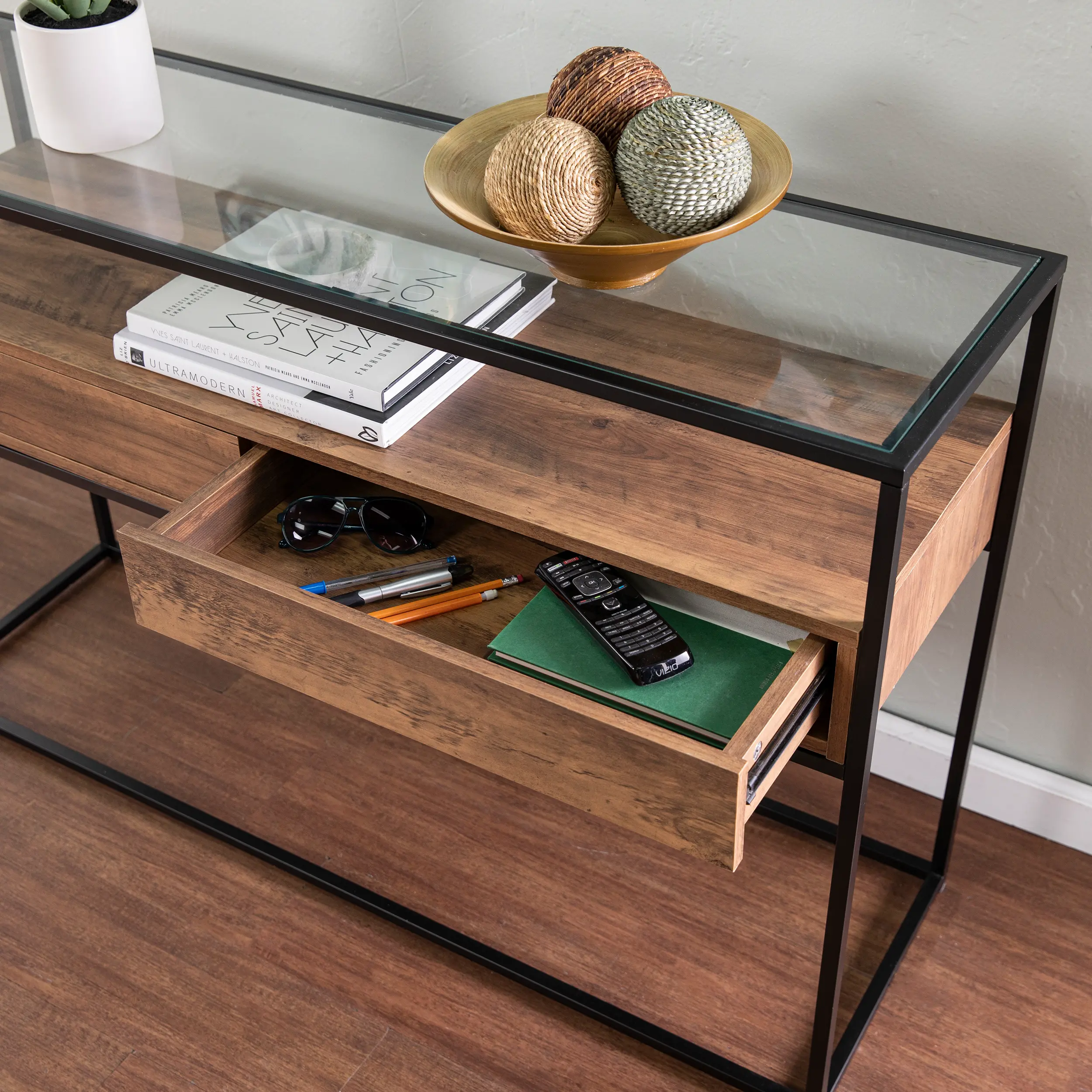 Olivern Glass-Top Industrial Console Table