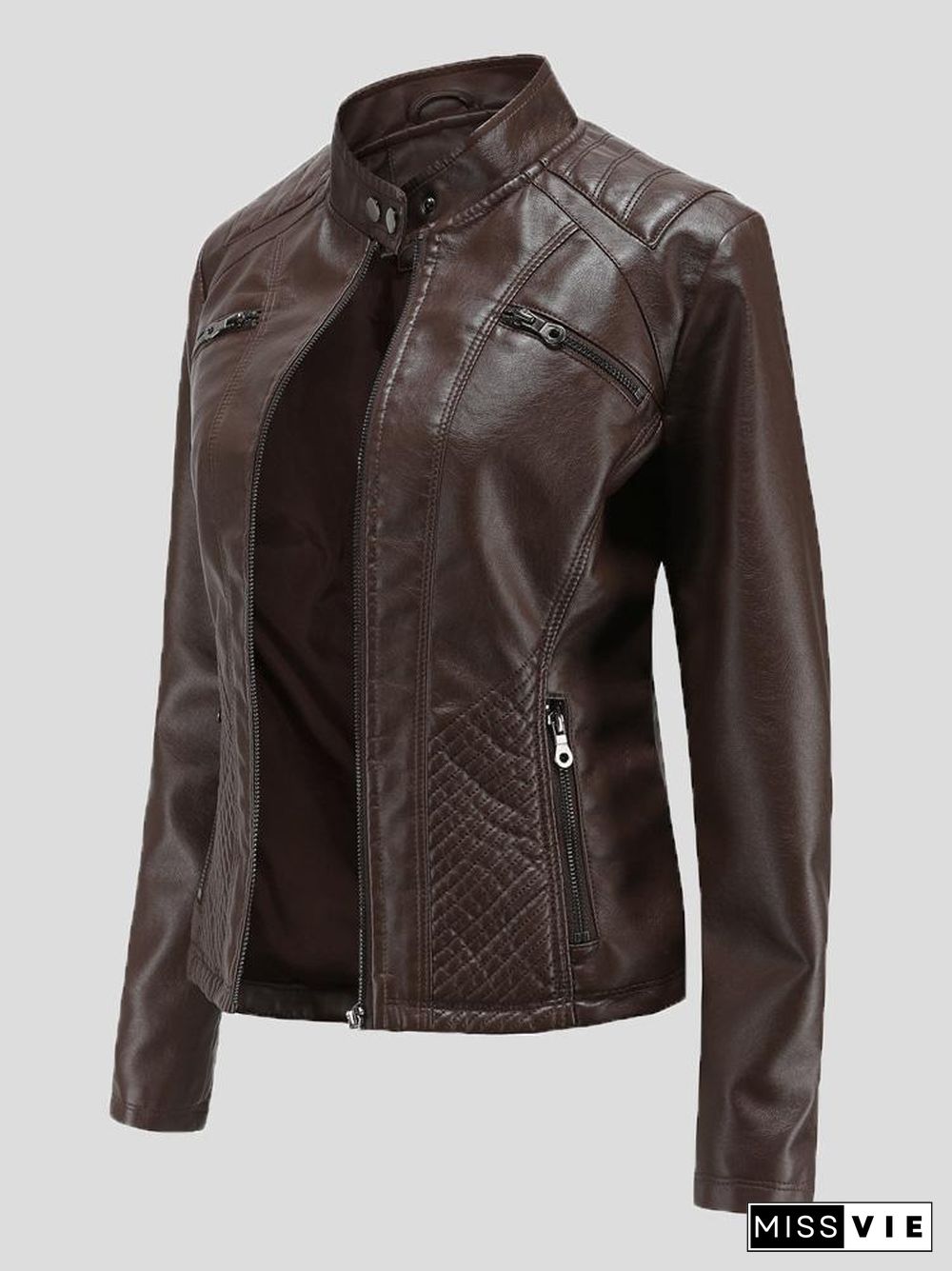 Women's Jackets Casual Stand-Collar Slim Solid Leather Jacket