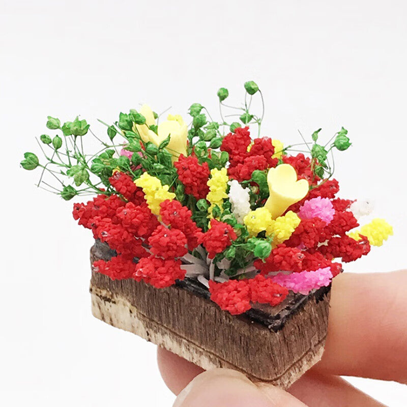 1/12 Dollhouse miniature plant multicolor flower with wood pot garden accessory