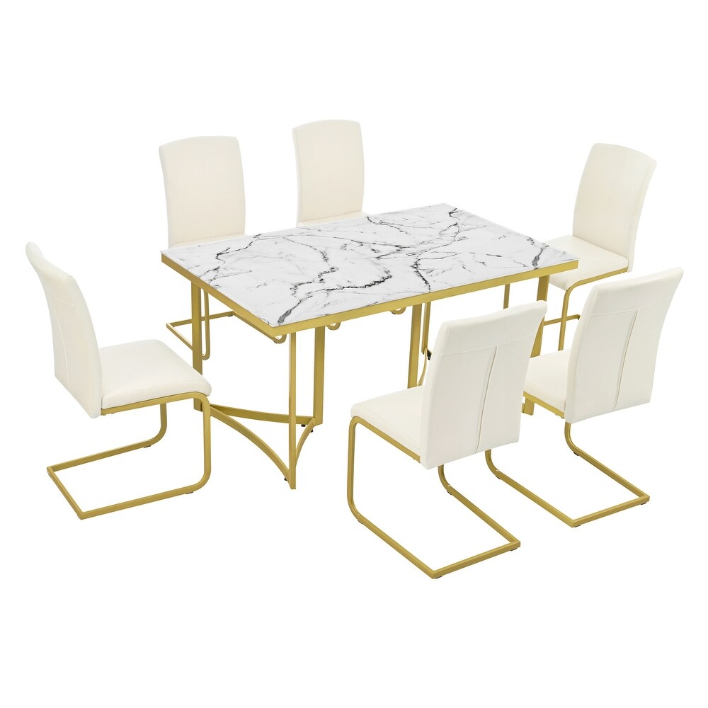 Nestfair 7 Piece Modern Dining Table Set with 6 PU Leather Chairs