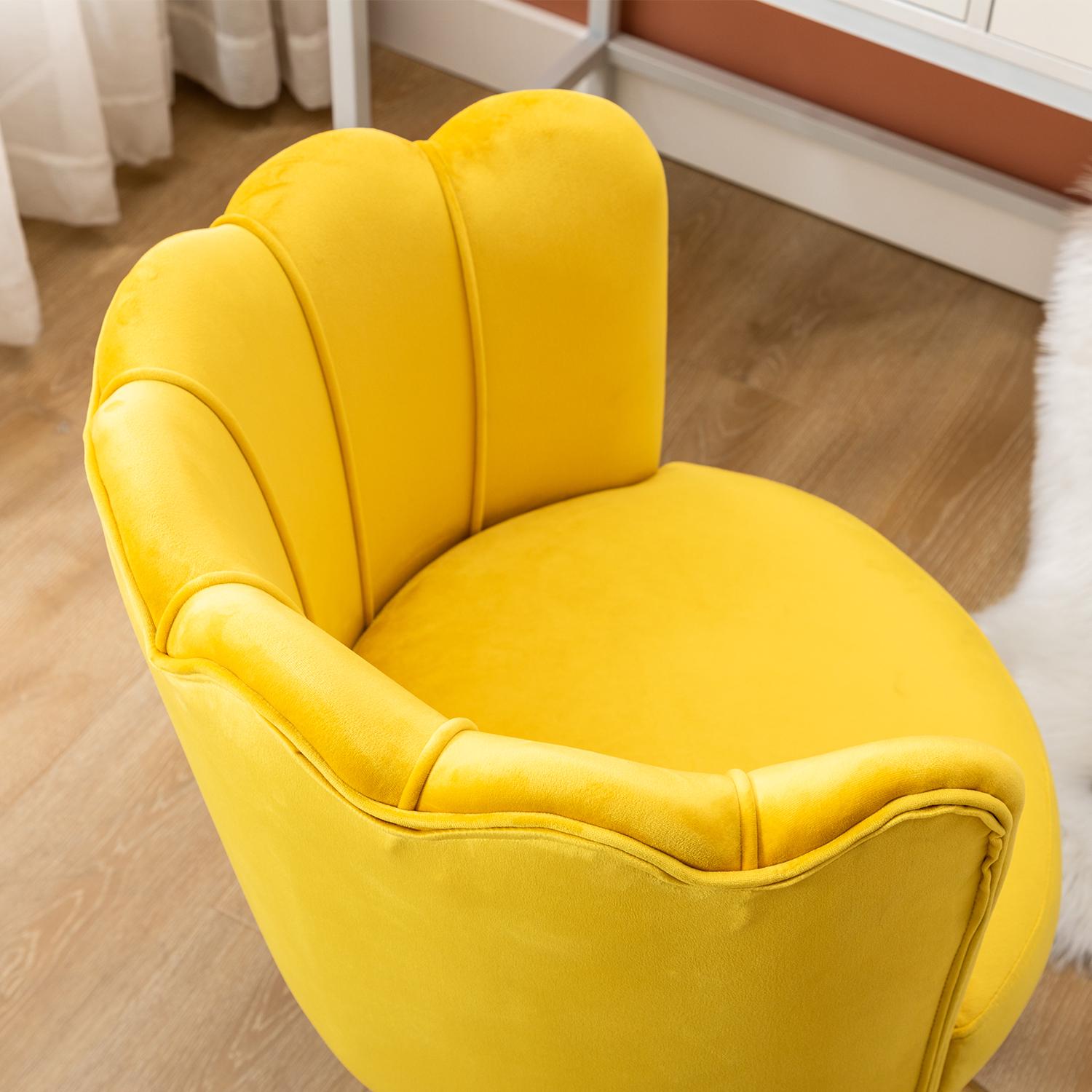 Office Task Chair， Comfortable Velvet Desk Chair Upholstered Swivel Rolling Vanity Chair Height Adjustable for Makeup Room， Living Room， Bedroom， Yellow