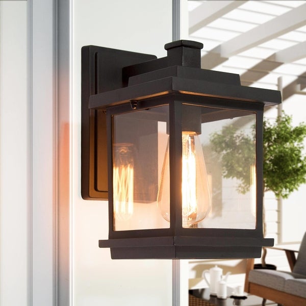 1-Light Black Square Modern Outdoor Wall Sconce/ Farmhouse Exterior Light Fixtures with Clear Glass， 6.1