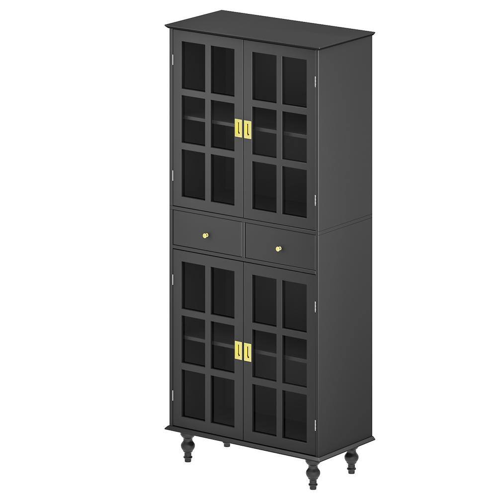 FUFUGAGA 72.4 in. H x 31.5 in W Black Paint Wood 4-Glass Doors Bookcase Bookshelf with Adjustable Shelves and 2-Drawers KF330031-02