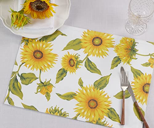 Fennco Styles Yellow Sunflower Print Placemats 13 W x 19 L， Set of 4 - Garden Floral Table Mats for Home Décor， Dining Table， Banquet， Everyday Use， Family Gathering and Special Occasion