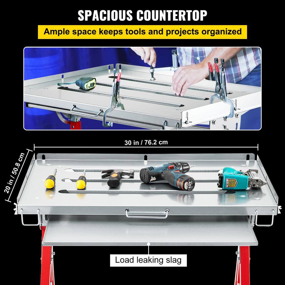 VEVOR Folding Welding Table 30 in. x 20 in. Sawhorse Workbench 400 lbs. Adjustable with Casters Retractable Guide Rails HJTYCYBD130209VOLV0