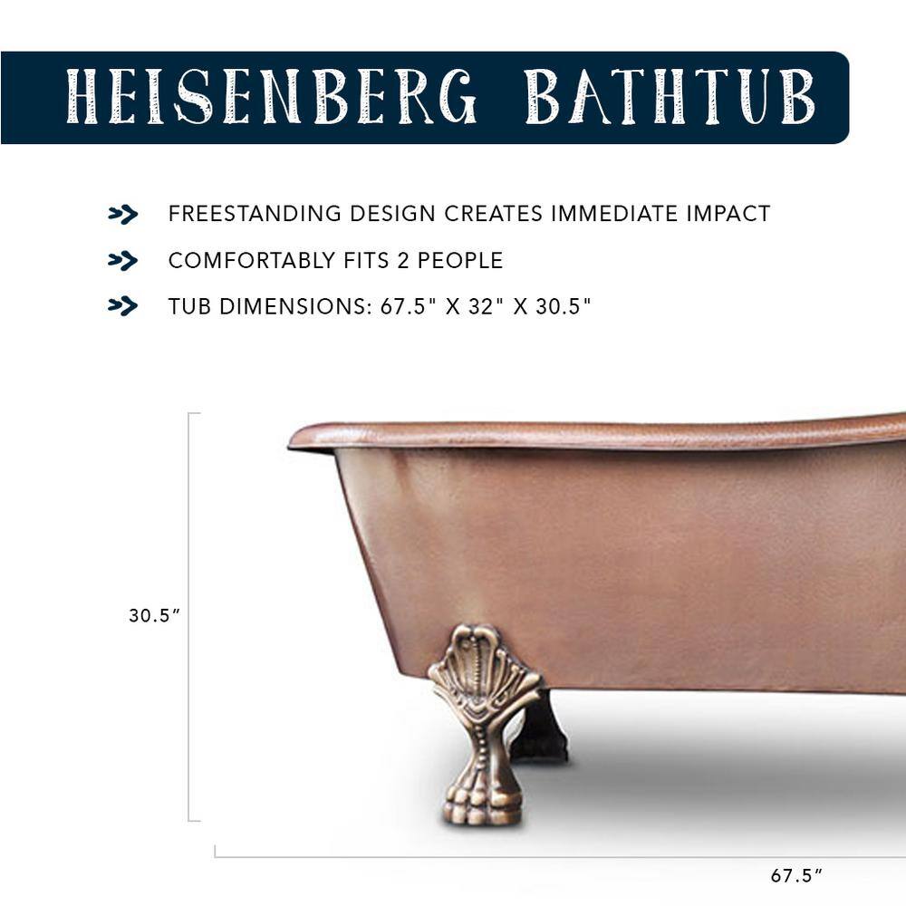 SINKOLOGY Heisenberg 67.5 in x 32 in. Freestanding Clawfoot Bathtub with Reversible Drain and Overflow Hole in Antique Copper TBT-6631CL-OF