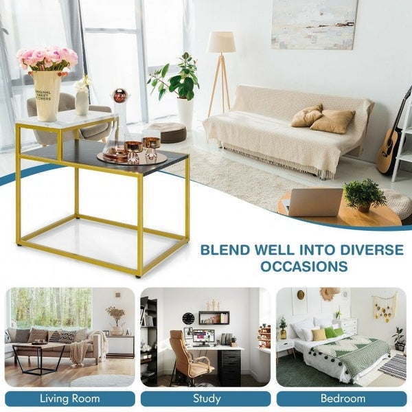 2 Tier End Side Table with Metal Frame and Storage Shelf for Living Room - White - 24