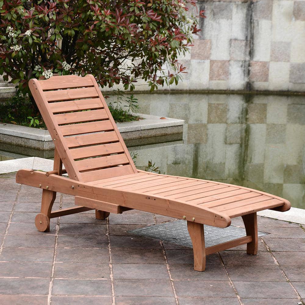 Outsunny Reclining Wooden Outdoor Chaise Lounge Patio Pool Chair With PullOut Tray