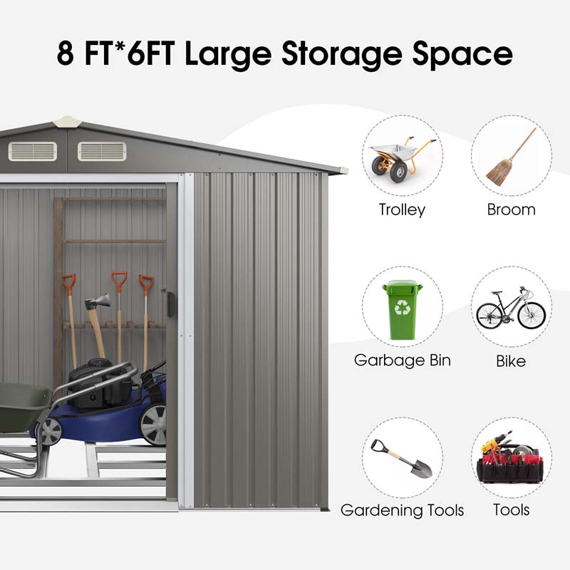 8 x 6 FT Outdoor Metal Storage Shed Garden Tool Storage Room with Foundation, 4 Louvers, Double Doors & Ramp