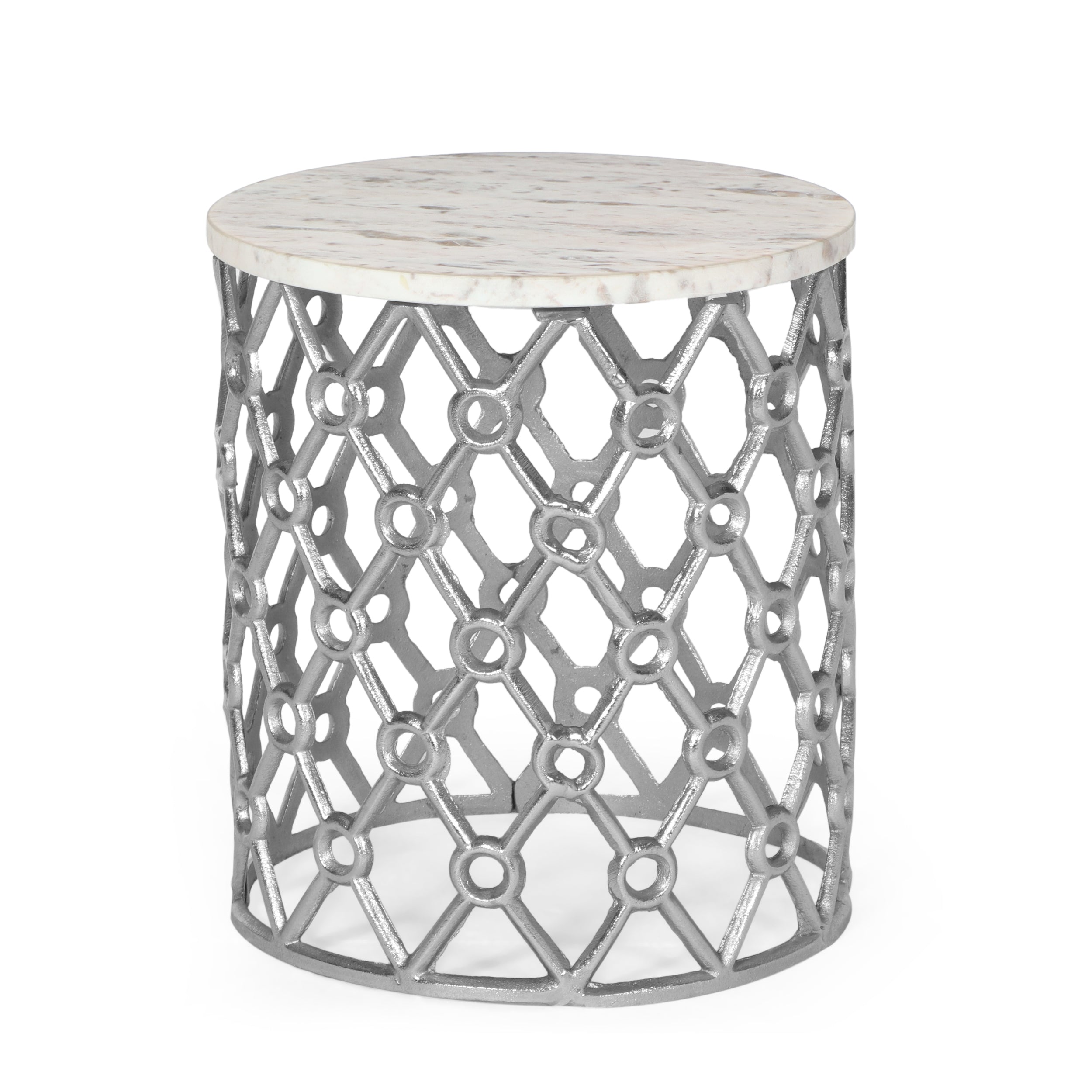 Gieke Modern Glam Handcrafted Marble Top Aluminum Side Table, Nickel and White