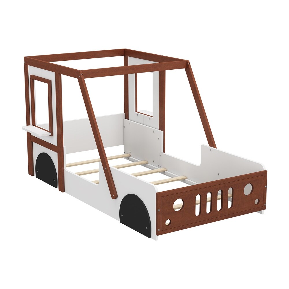 Brown/White Twin Size Car Shaped Platform Bed  Wooden Kids Floor Bed