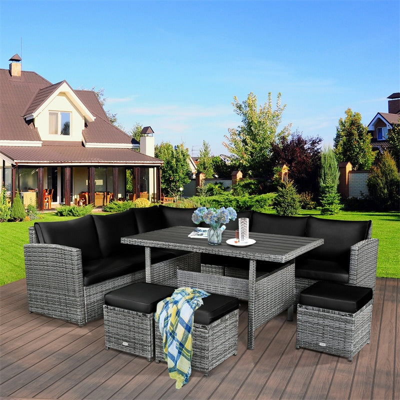 7 Pcs Rattan Patio Dining Furniture Sectional Sofa Set with Dining Table, Ottomans & Cushions