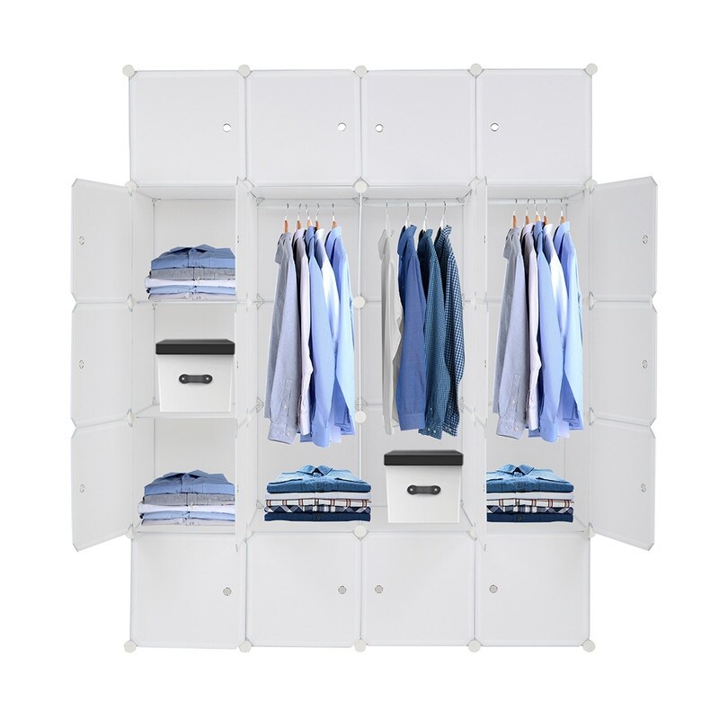 8/12/16/20 Cube Organizer Stackable Plastic Cube Storage Closet Cabinet with Hanging Rod White