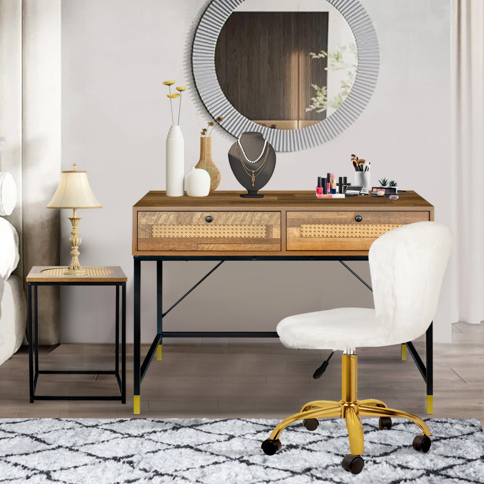 Faux Fur Upholstered White Makeup Vanity Chairs With Golden Chrome Base   Contemporary   Vanity Stools And Benches   by specialty imports  Houzz