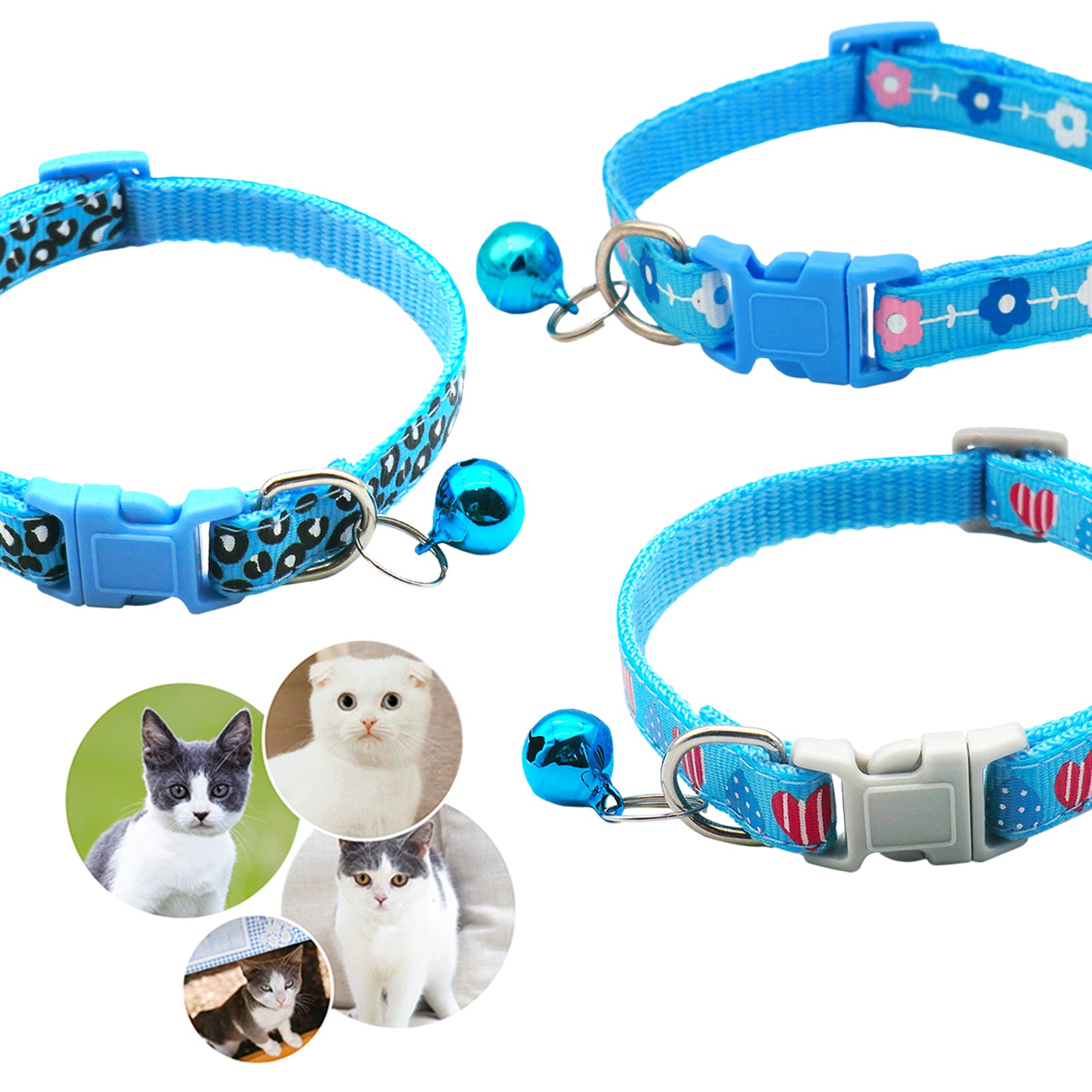 CHBORLESS 3 Pcs Nylon Cat Collar with Bell Adjustable Kitten Puppy Collars for Newborn Pet，Sky Blue