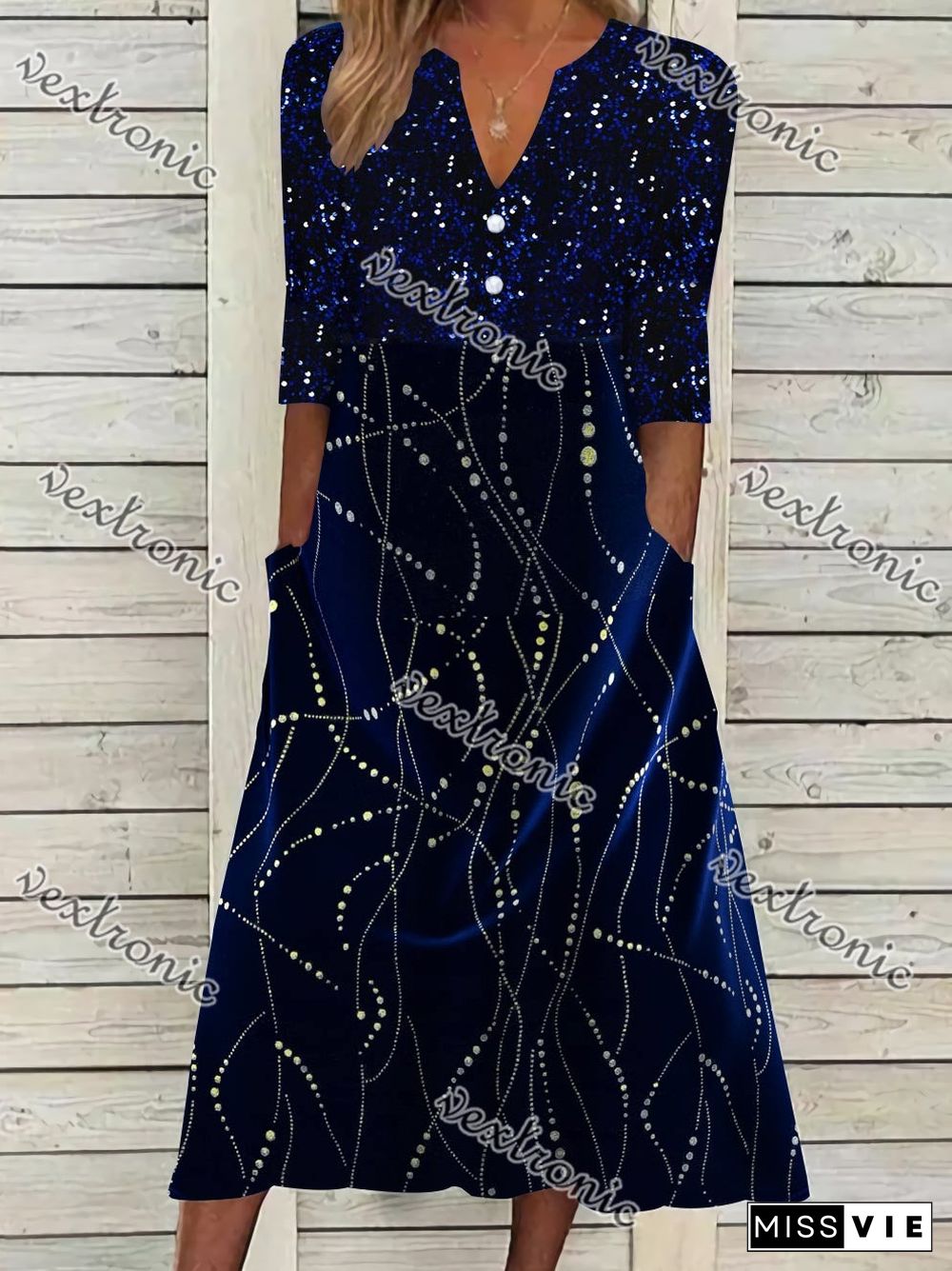 Women's Short Sleeve V-neck Printed Stitching Midi Dress With Pockets