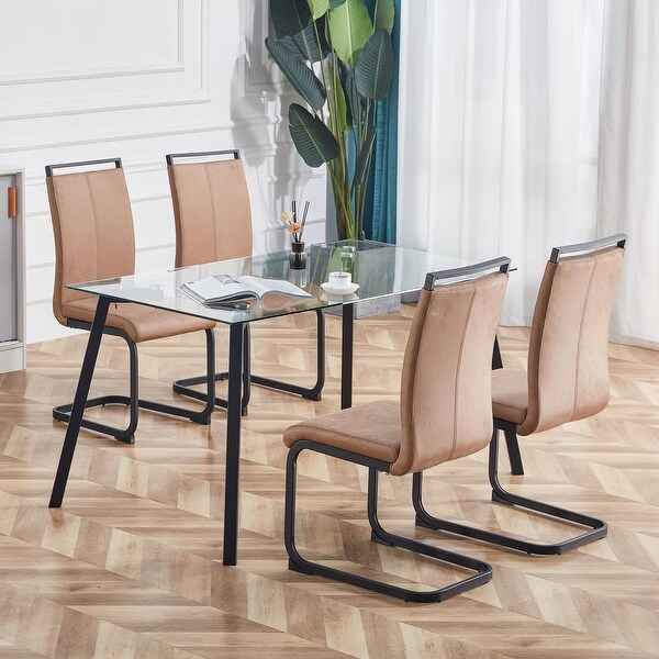 Set of 4 Modern Dining Chairs， PU Faux Leather High Back Upholstered Side Chair with C-shaped Tube Chrome Metal Legs