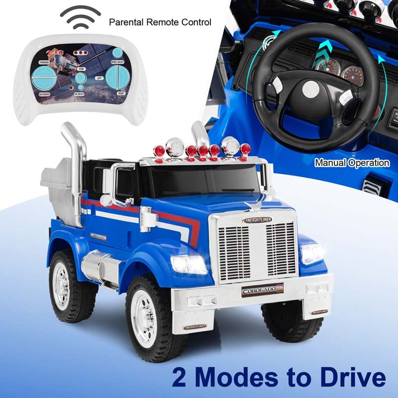 12V Licensed Freightliner Kids Ride On Truck, Battery Powered Trailer RC Riding Toy Car with Dump Box & Lights