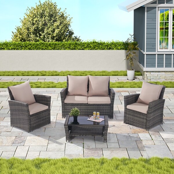 4 Pieces Outdoor Patio Furniture Sets Garden Rattan Chair Wicker Set