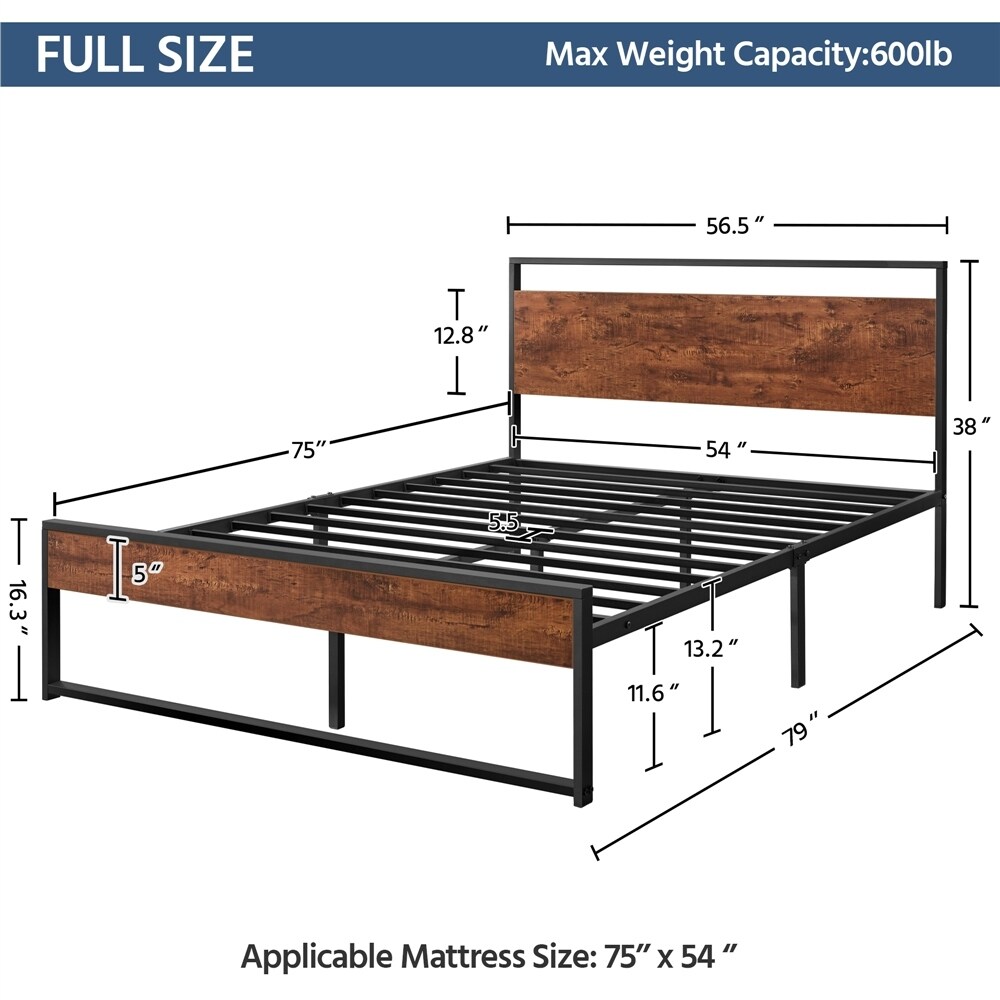 Yaheetech Rustic Metal Platform Bed Frame Sturdy Slatted Bed Base