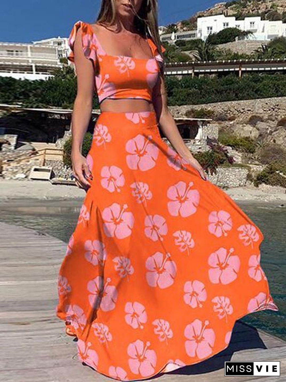 Square Neck Chic Printed Dress Set