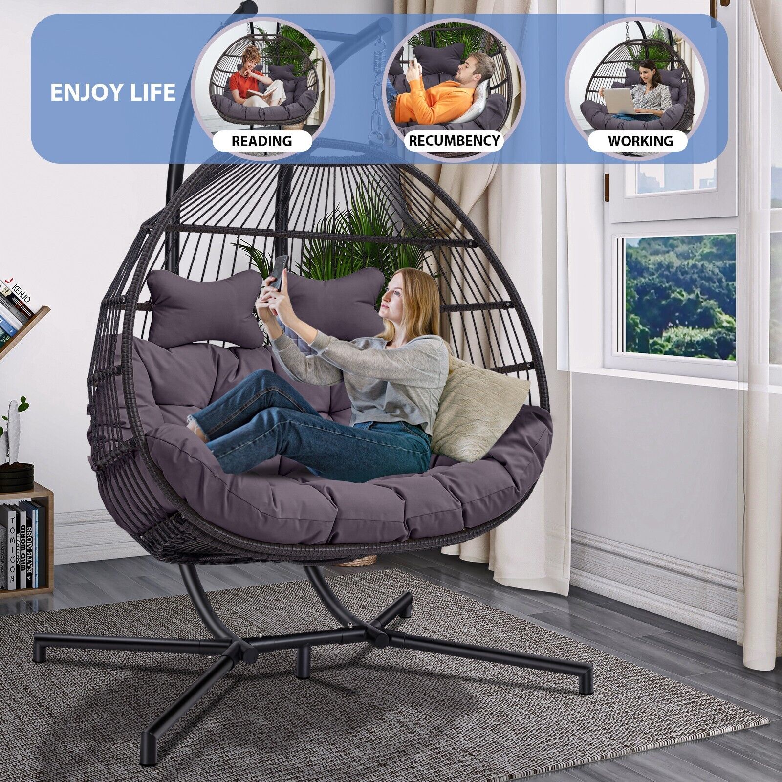 Premium 2-Seater Hanging Patio Egg Swing Cushion Chair With Stand