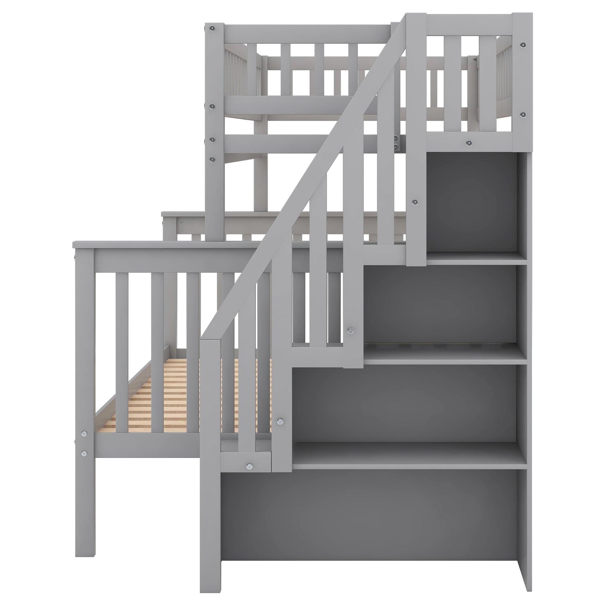 Euroco Twin Over Full Bunk Bed with Stairs and Storage for Kids, Gray