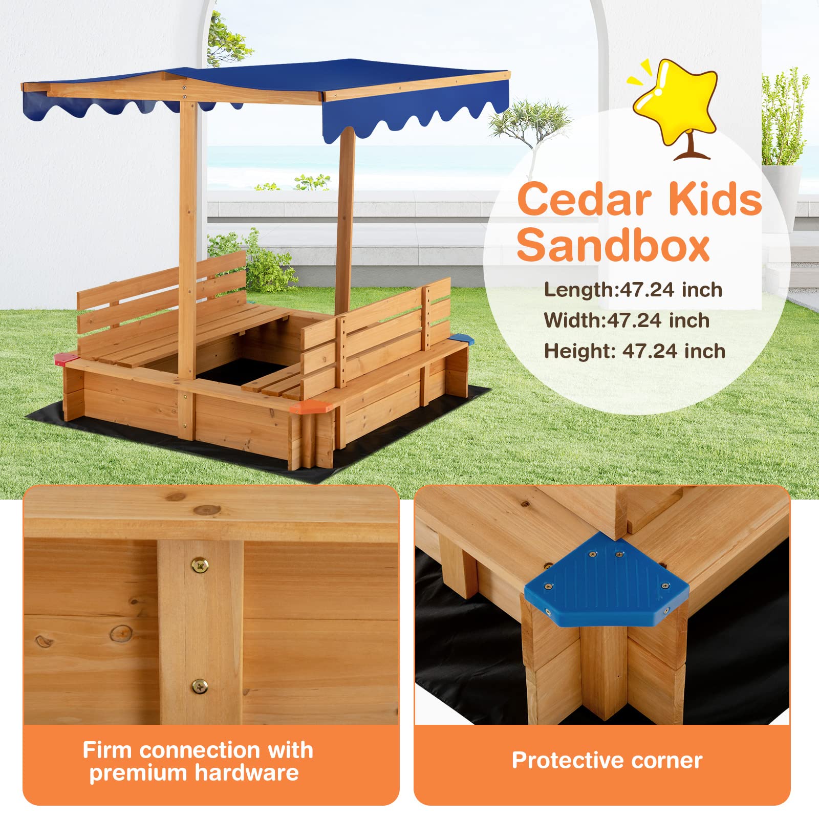 Costzon Kids Wooden Sandbox with Canopy, 2 Bench Seats w/ Backrest