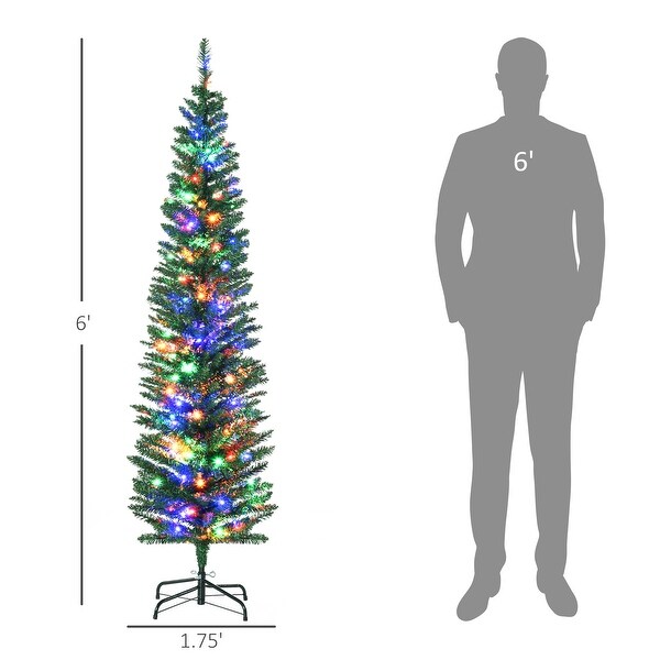 HOMCOM 6ft Tall Pencil Prelit Artificial Christmas Tree Holiday Décor with 390 Branches，150 Colorful LED Lights，Steel Base