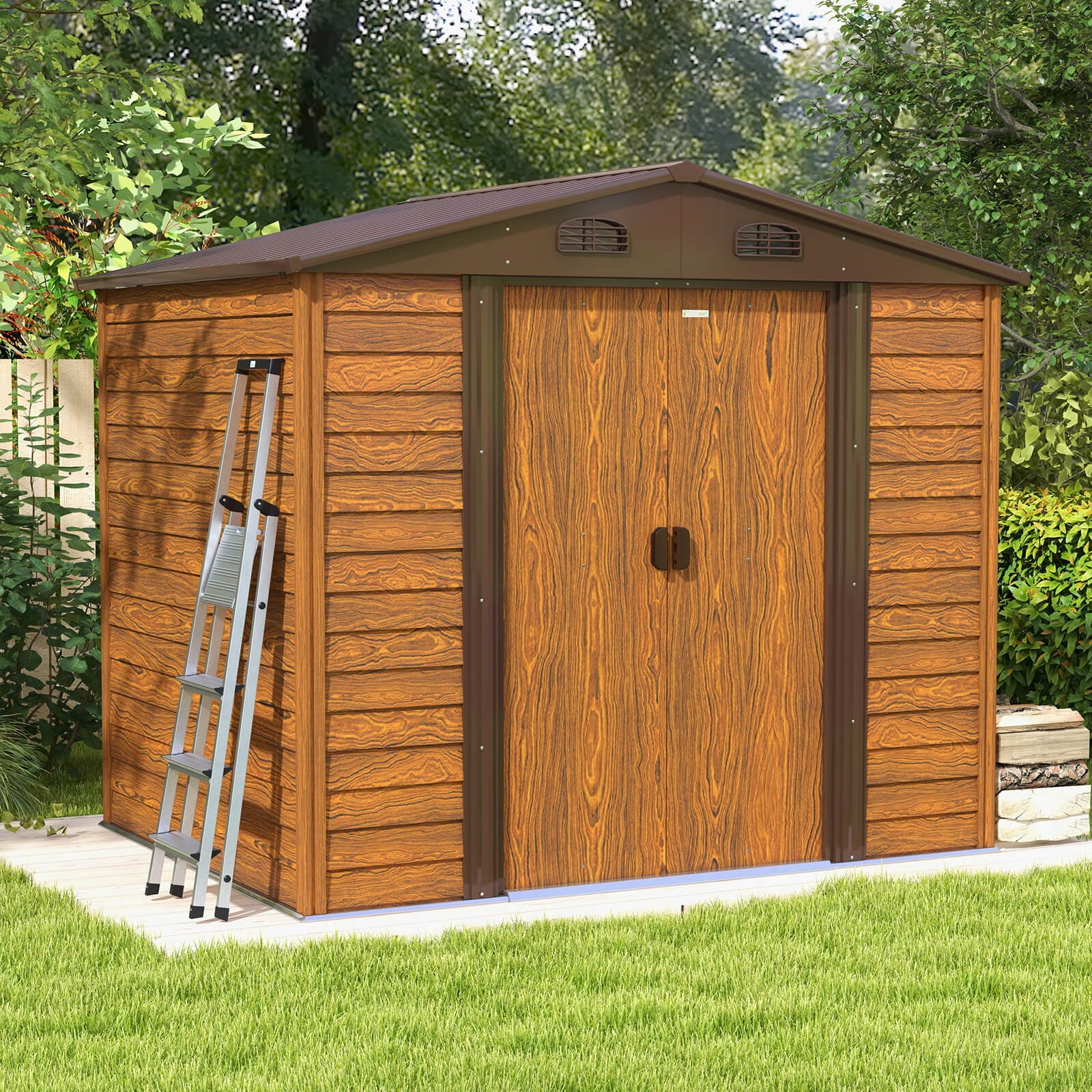 Patiowell luxurious 8 x 6 FT Wood Look Storage Shed for Outdoor, Steel Yard Shed with Design of Lockable Doors, Brown