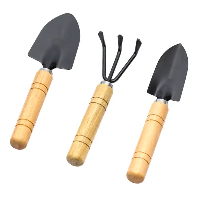 2023 hot sell new design household flower planting soil loosening tool wooden handle iron garden tools 3 pcs set