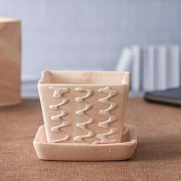 3.1 inch (8 cm) CP007 Embossed Square Cone Ceramic Pot With Plate (Beige) (set of 2)