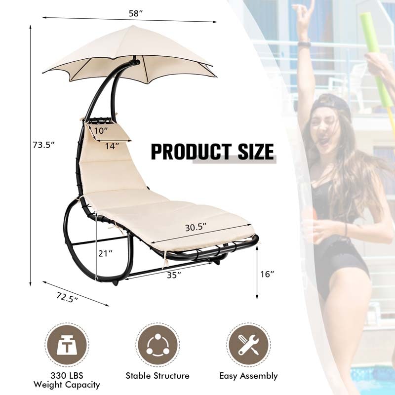 Full-Padded Hammock Chair Swing Patio Sun Lounger with Shade Canopy, Outdoor Chaise Lounge Hanging Chair for Pool Beach Deck