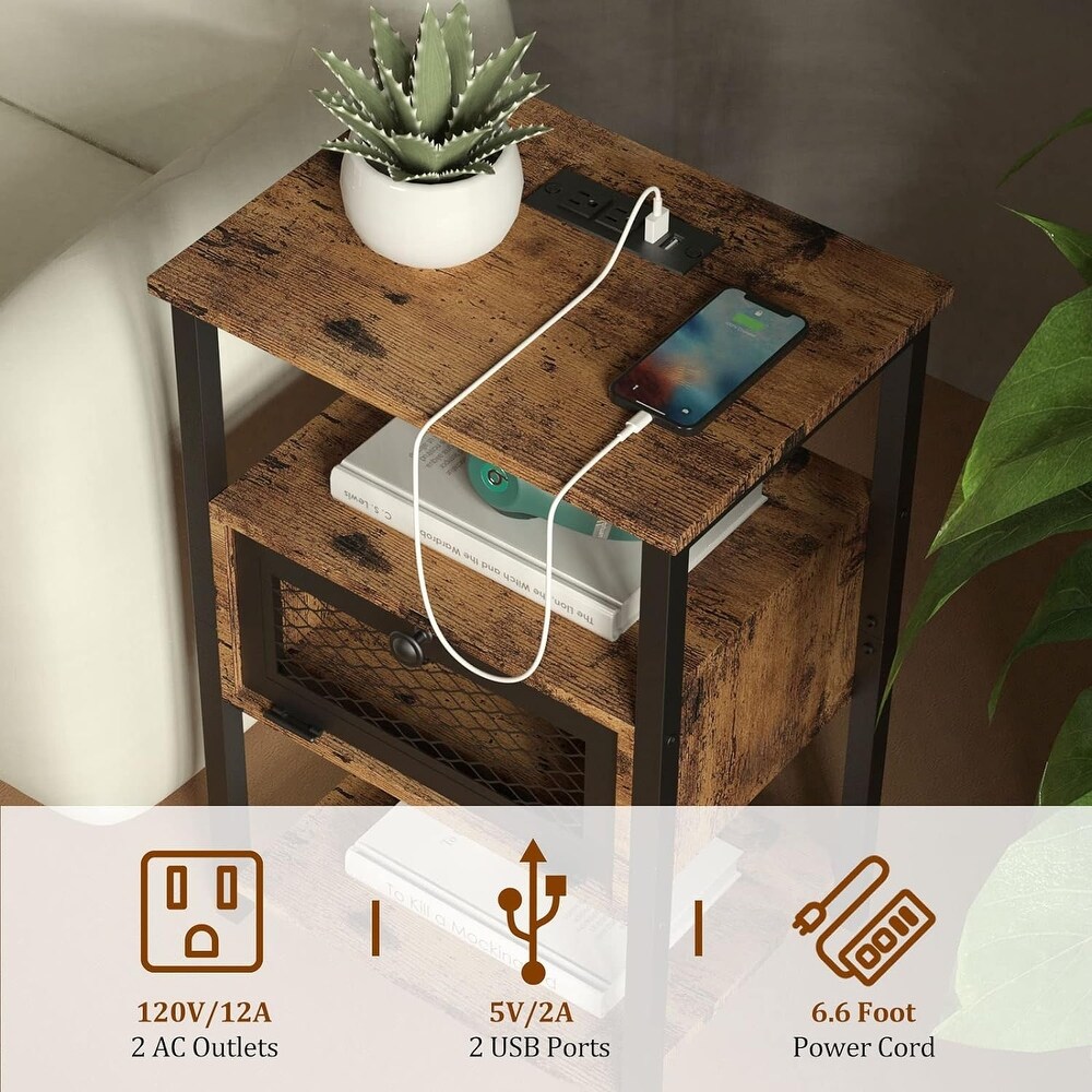 Small Bedside Table with USB Ports and Outlets