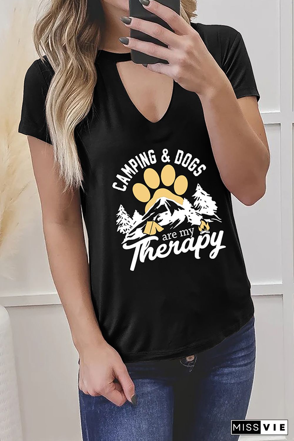 Camping and Dogs are my Therapy Graphic Tees for Women Wholesale Short Sleeve T shirts Top