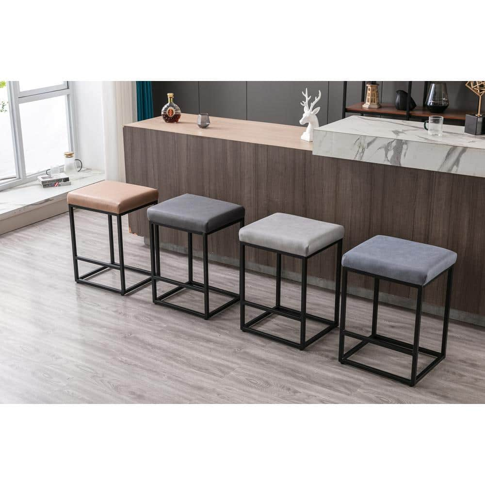 URTR 24 in. Gray Counter Height Backless Bar Stools Set Dining Stools with Faux Leather Seat and Metal Frame (Set of 2) HY02157Y