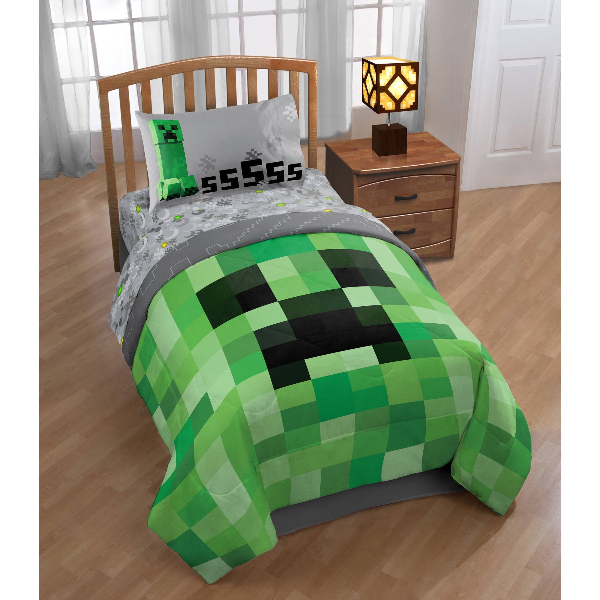 Minecraft Creeper 4 Piece Kids Twin Bed Set, 100% Microfiber, Green