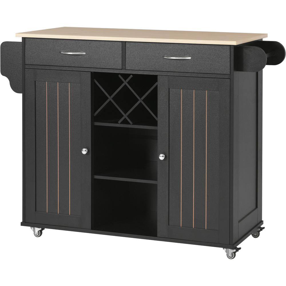 FAMYYT Black Wood Desktop 48 in. Kitchen Island with Wine Rack and Four Locking Wheels XJ-294554BK-L