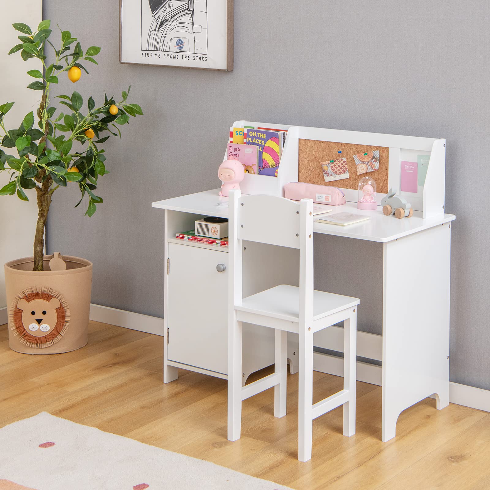 Costzon Kids Desk and Chair Set, Wooden Children Study Table with Hutch