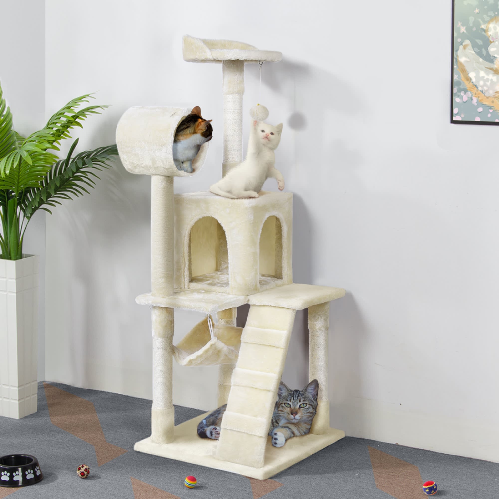 Topeakmart Beige Plush Cat Tree Condo with Hammock Tunnel， 51