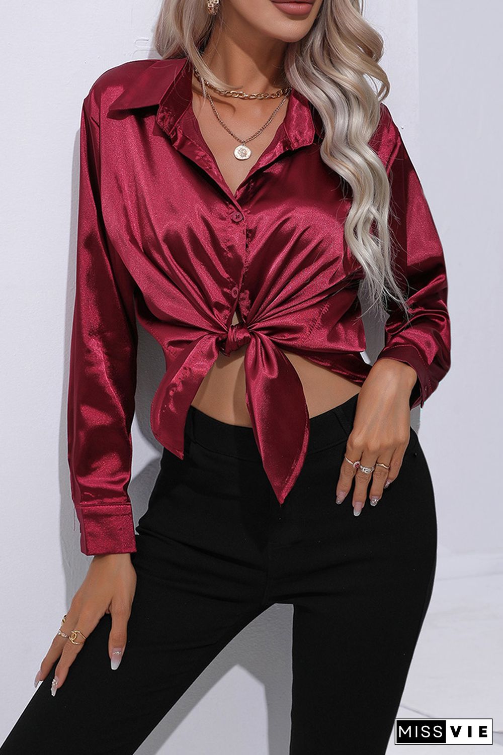 Plain Silky Open Button Long Sleeves Blouse Shirt