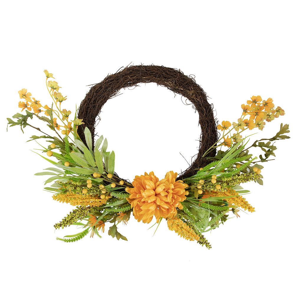 Peonies Artificial Fall Harvest Twig Wreath  22-Inch  Unlit