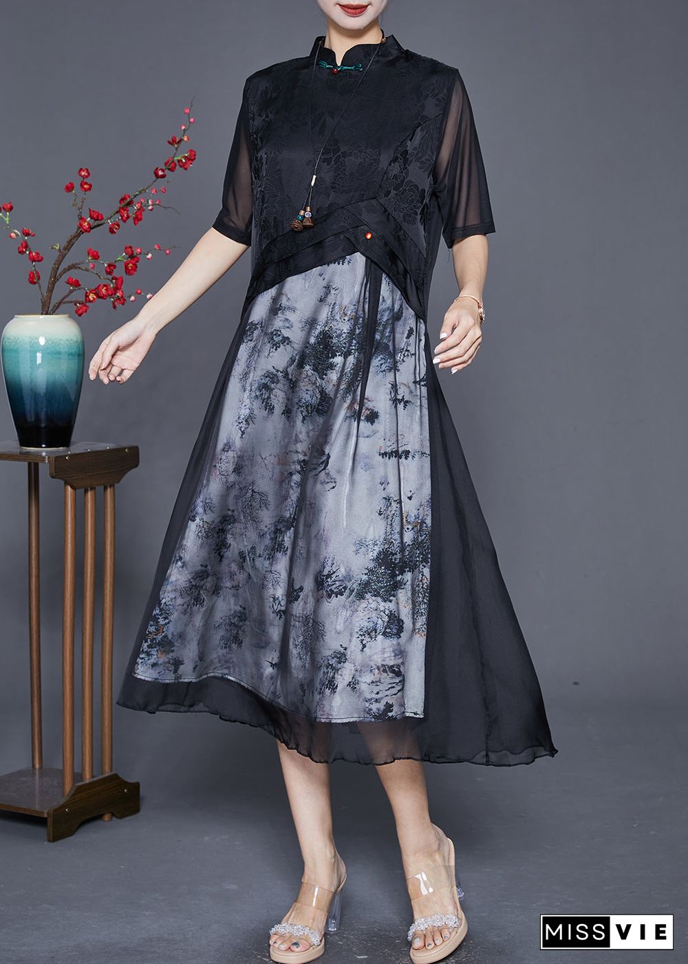 Elegant Black Mandarin Collar Patchwork Print Chiffon Dresses Summer