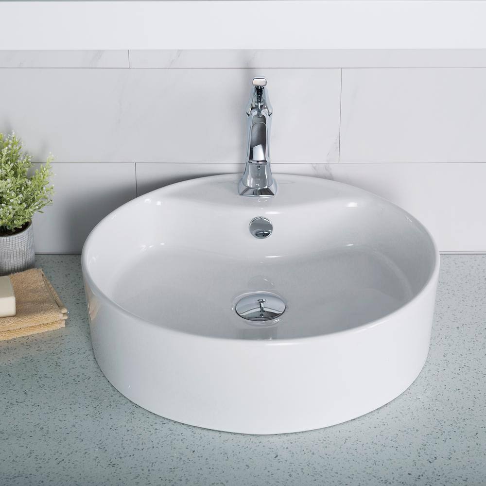 KRAUS Round Ceramic Vessel Bathroom Sink with Overflow in White KCV-142