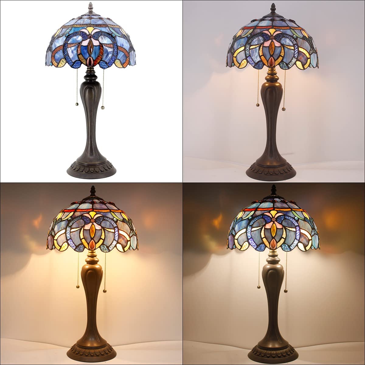 GEROBOOM Tiffany Style Table Lamp Blue Purple Cloud Stained Glass Bedside Desk Reading Light 12X12X22 Inches Decor Bedroom Living Room  Office S558 Series