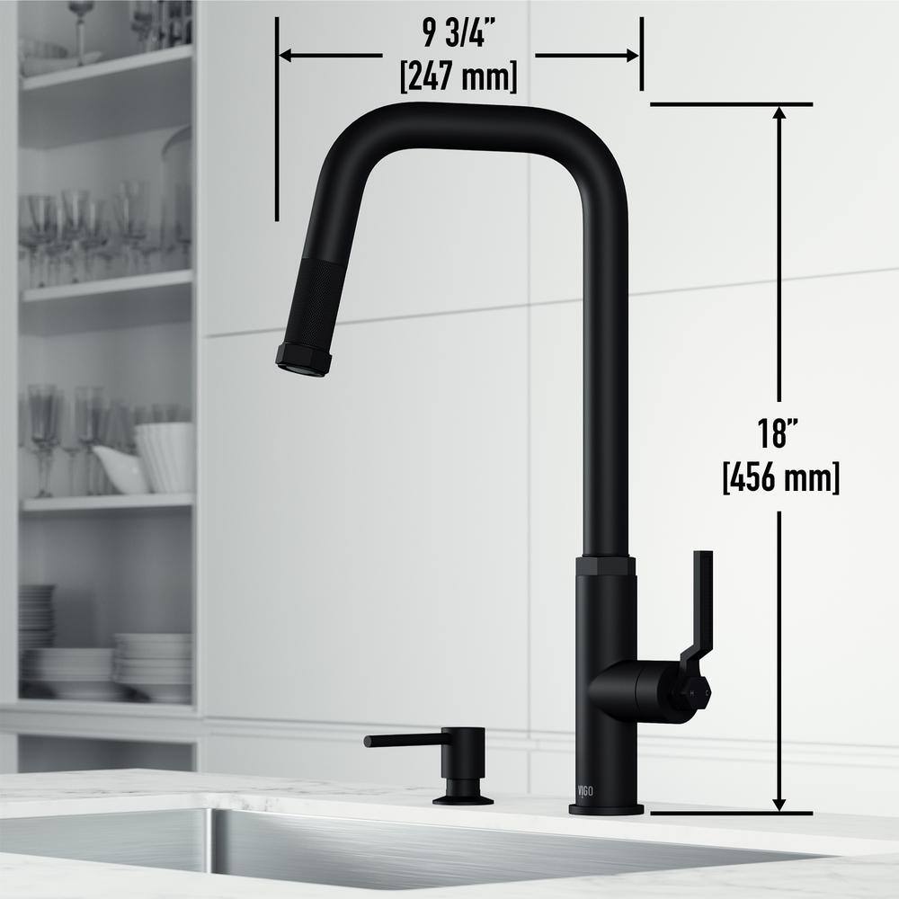 VIGO Hart Angular Single Handle Pull-Down Spout Kitchen Faucet Set with Soap Dispenser in Matte Black VG02036MBK2