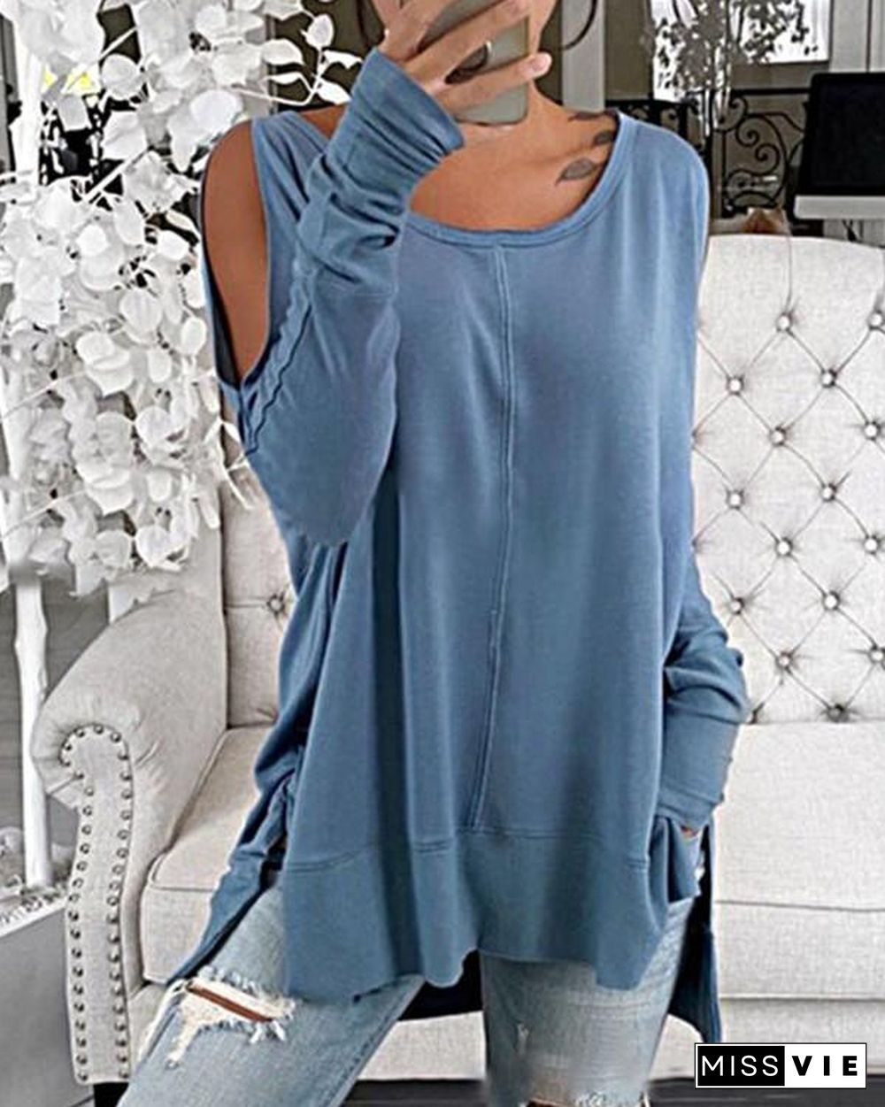 Solid Cold Shoulder Long Sleeves Casual T-shirts