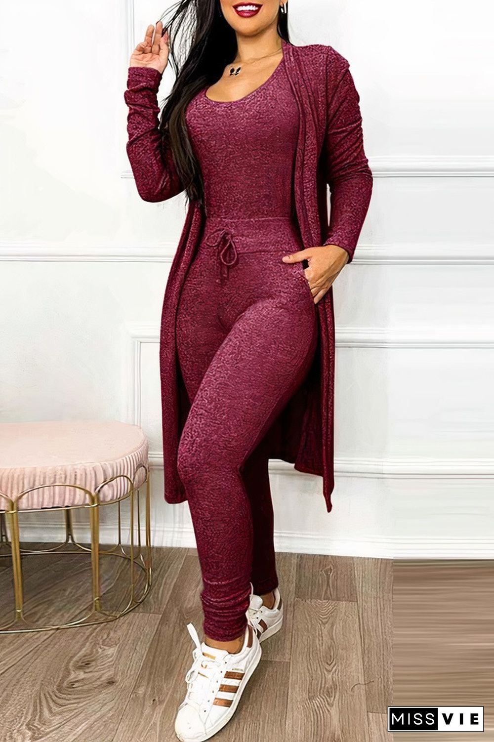 Solid Drawstring Waist Slant Pocket Jumpsuit & Coat Set