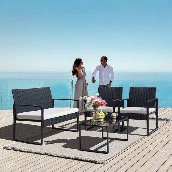 4 Pieces Patio Conversation Sets PE Rattan Chairs with Loveseat and Table - Overstock - 35765538